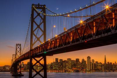 San Francisco Cityscape, Bay Bridge and Crescent Moon - Photographic Print, 18x12