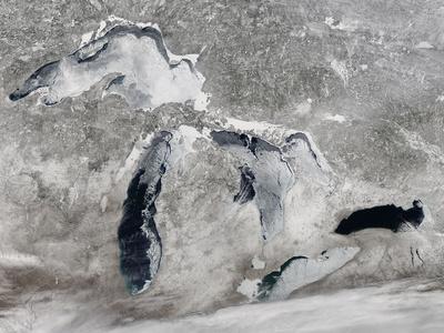 Satellite View of Ice on the Great Lakes, United States - Photographic Print, 16x12