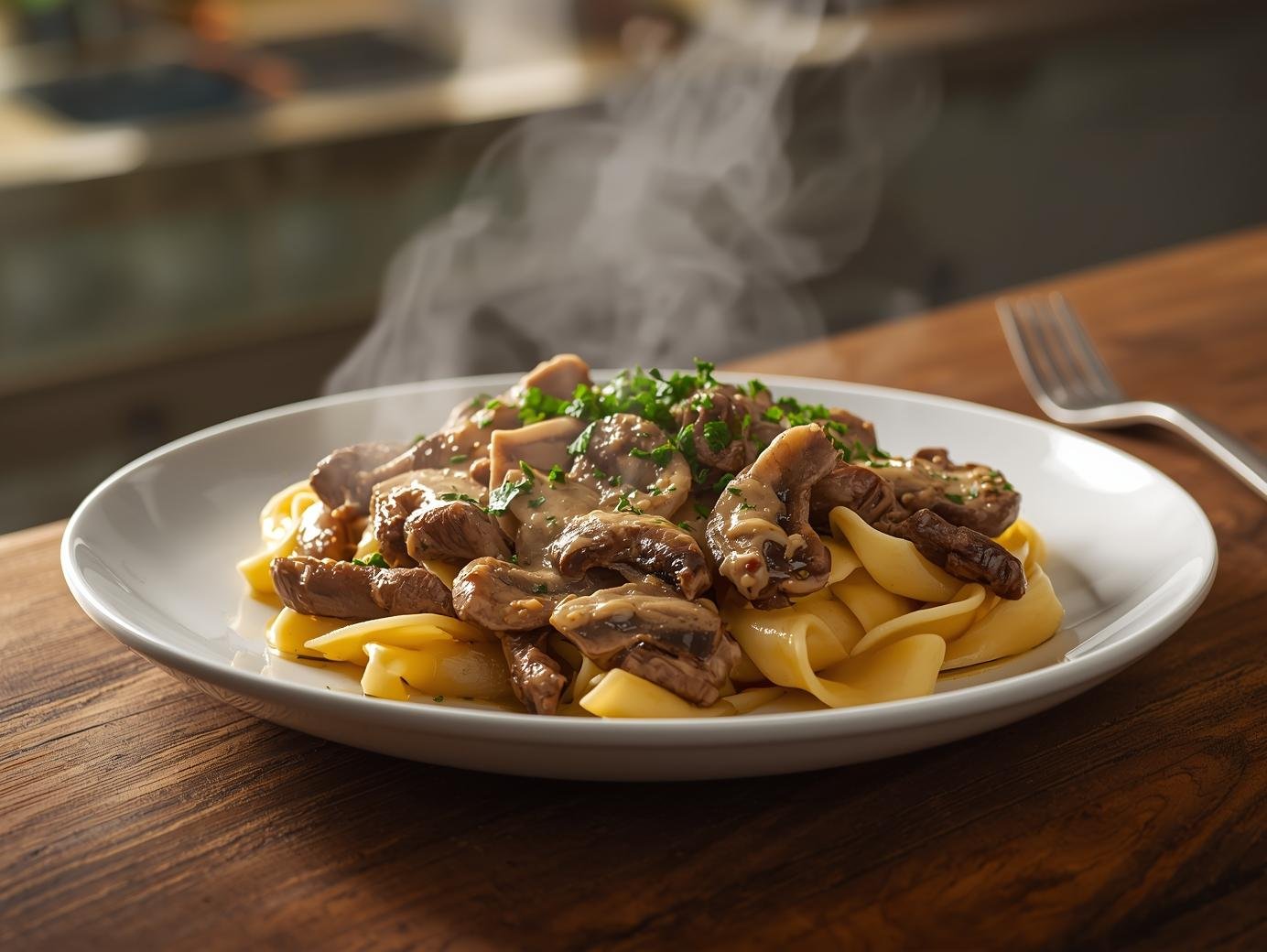 "Homemade Creamy Beef Stroganoff served over buttery egg noodles with parsley garnish"