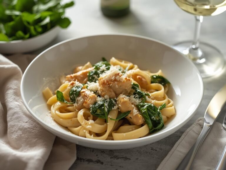 Creamy chicken Florentine pasta in a white bowl, garnished with fresh spinach and grated Parmesan cheese, served on a cozy kitchen table with a fork and glass of white wine. The pasta looks creamy, appetizing, and freshly cooked.