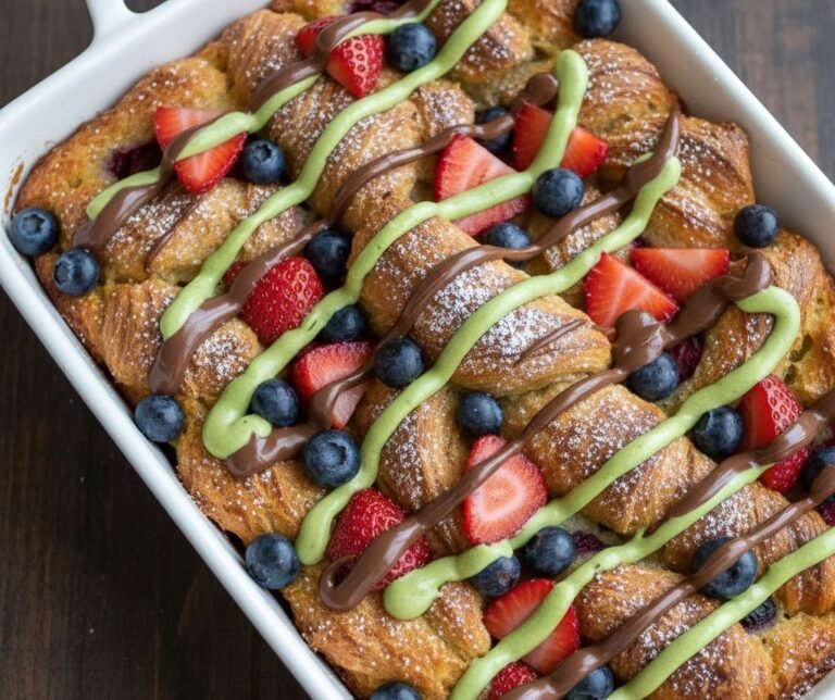 Croissant French Toast Bake with Berries, Nutella & Pistachio Cream